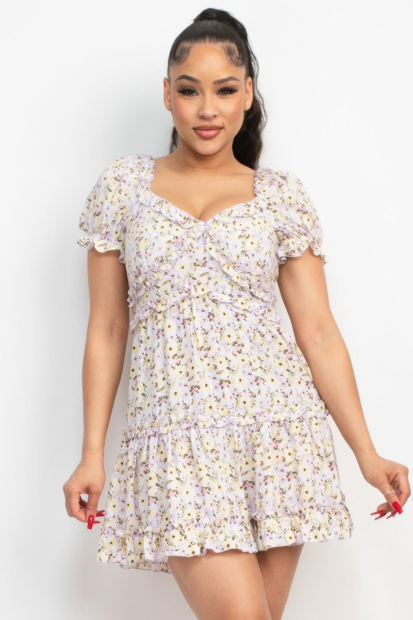 Ruffled floral puff-sleeve mini dress with tiered skirt and V-neck bodice