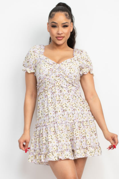 Ruffled Floral Puff Sleeve Dress - Tigbul's Variety Fashion Shop
