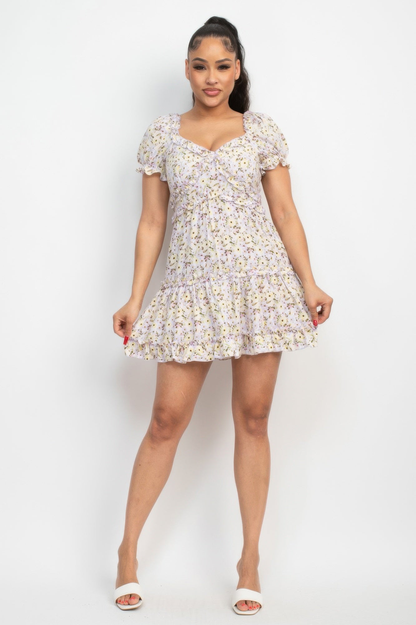 Floral puff-sleeve mini dress with tiered ruffle hem and gathered waist
