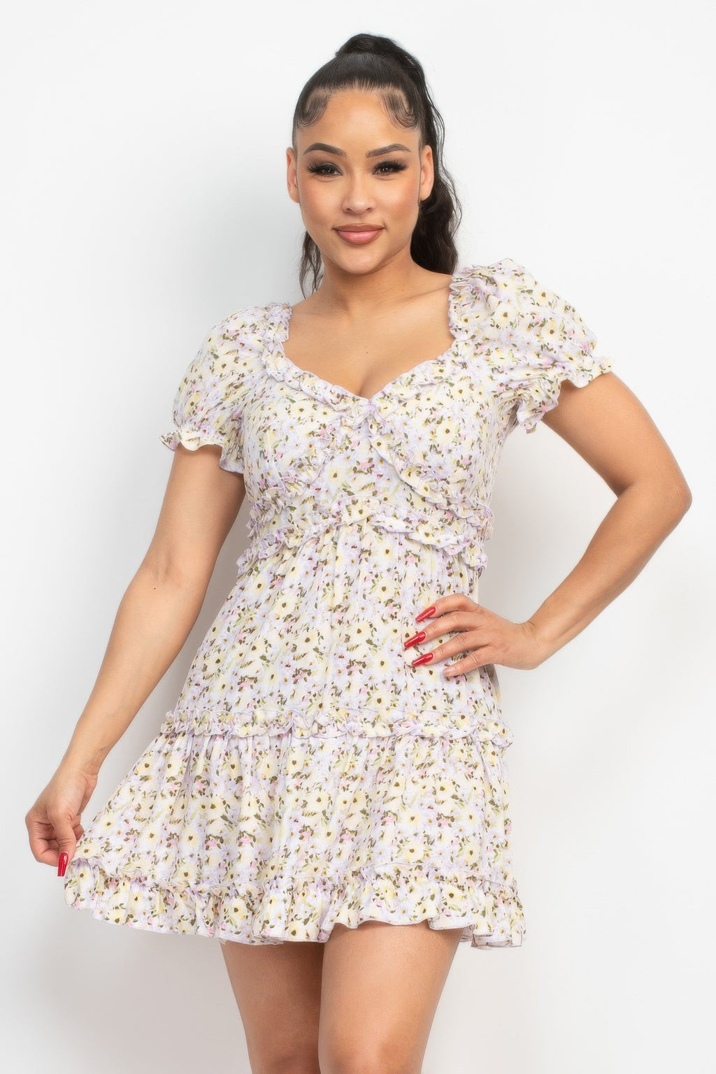 Ruffled floral mini dress with puff sleeves and cinched waist, A-line skirt