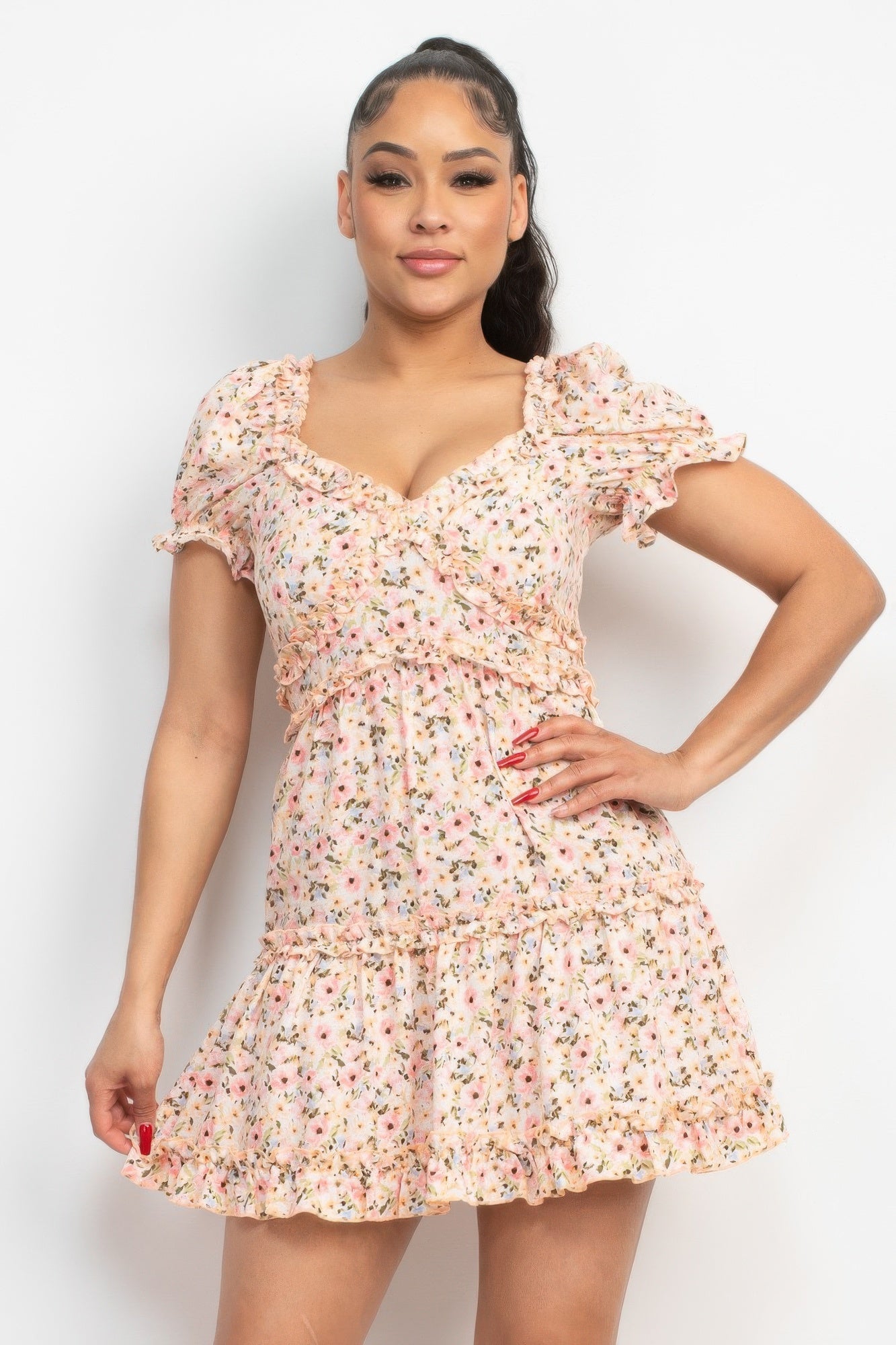 Ruffled floral puff sleeve dress, pink floral print with sweetheart neckline