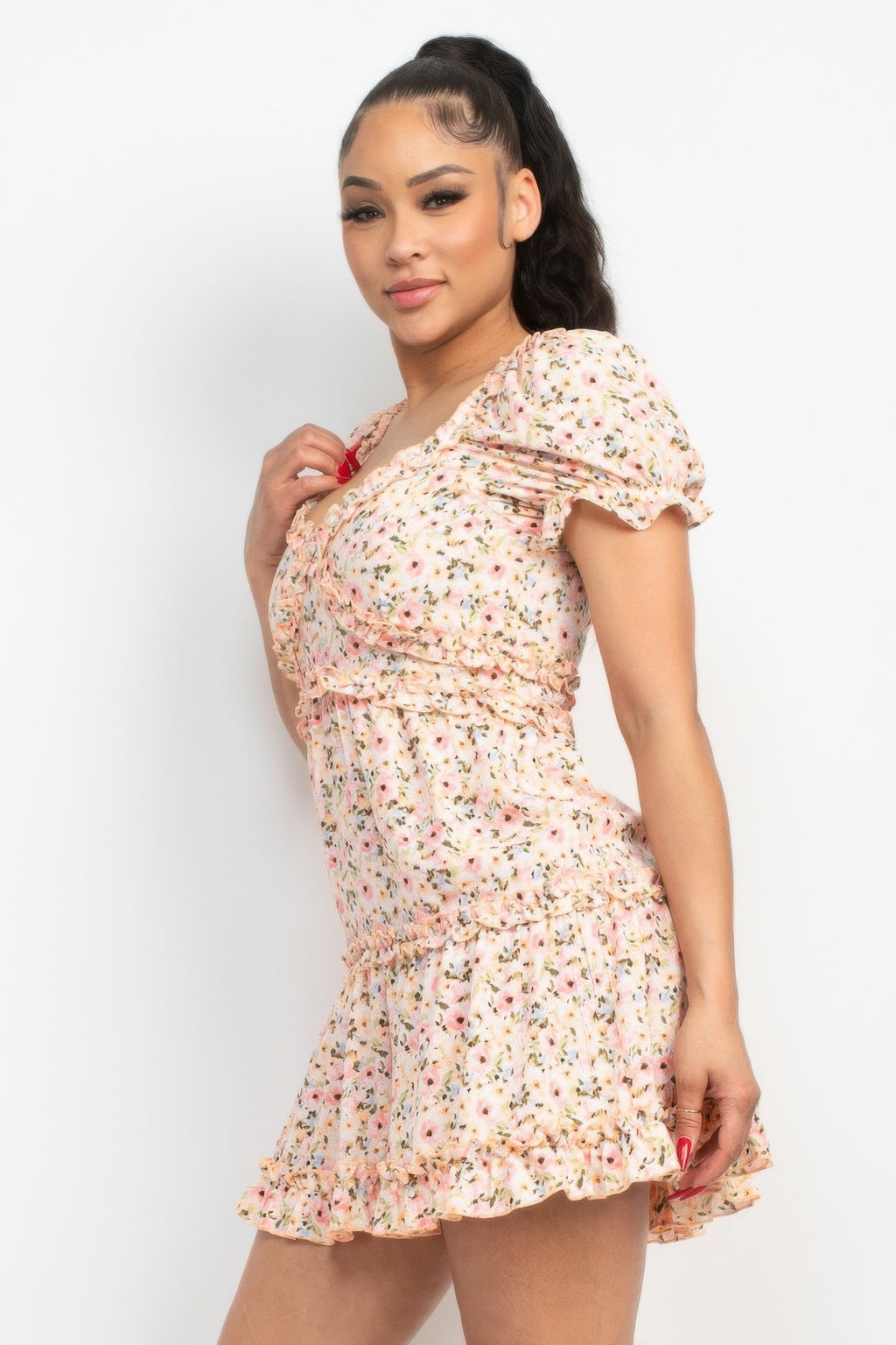 Pink floral mini dress, puff sleeves and ruched bodice detail
