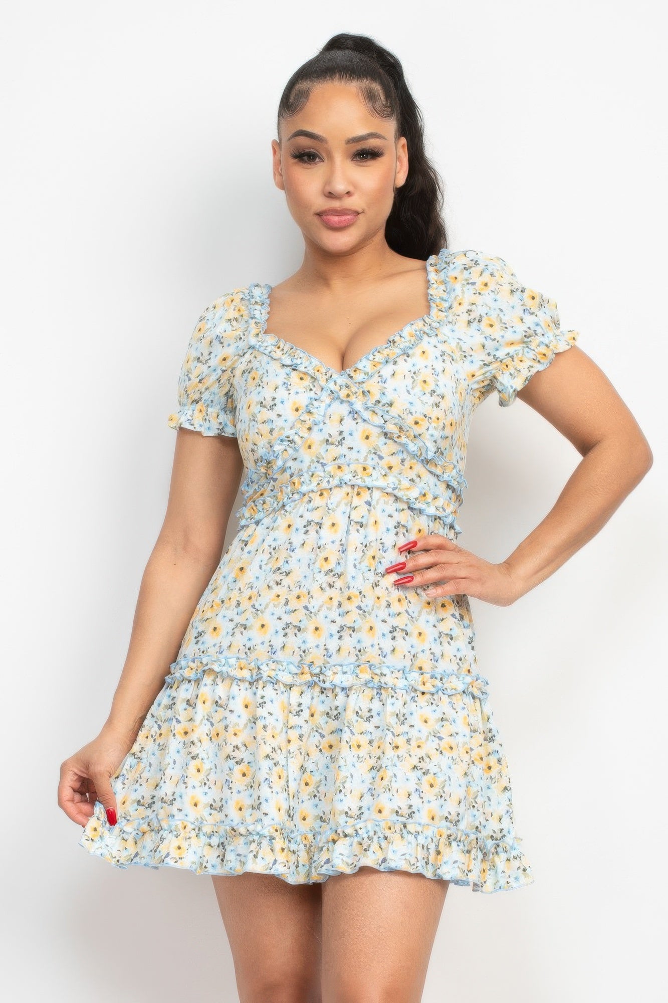 Blue floral puff sleeve dress with sweetheart neckline and tiered skirt