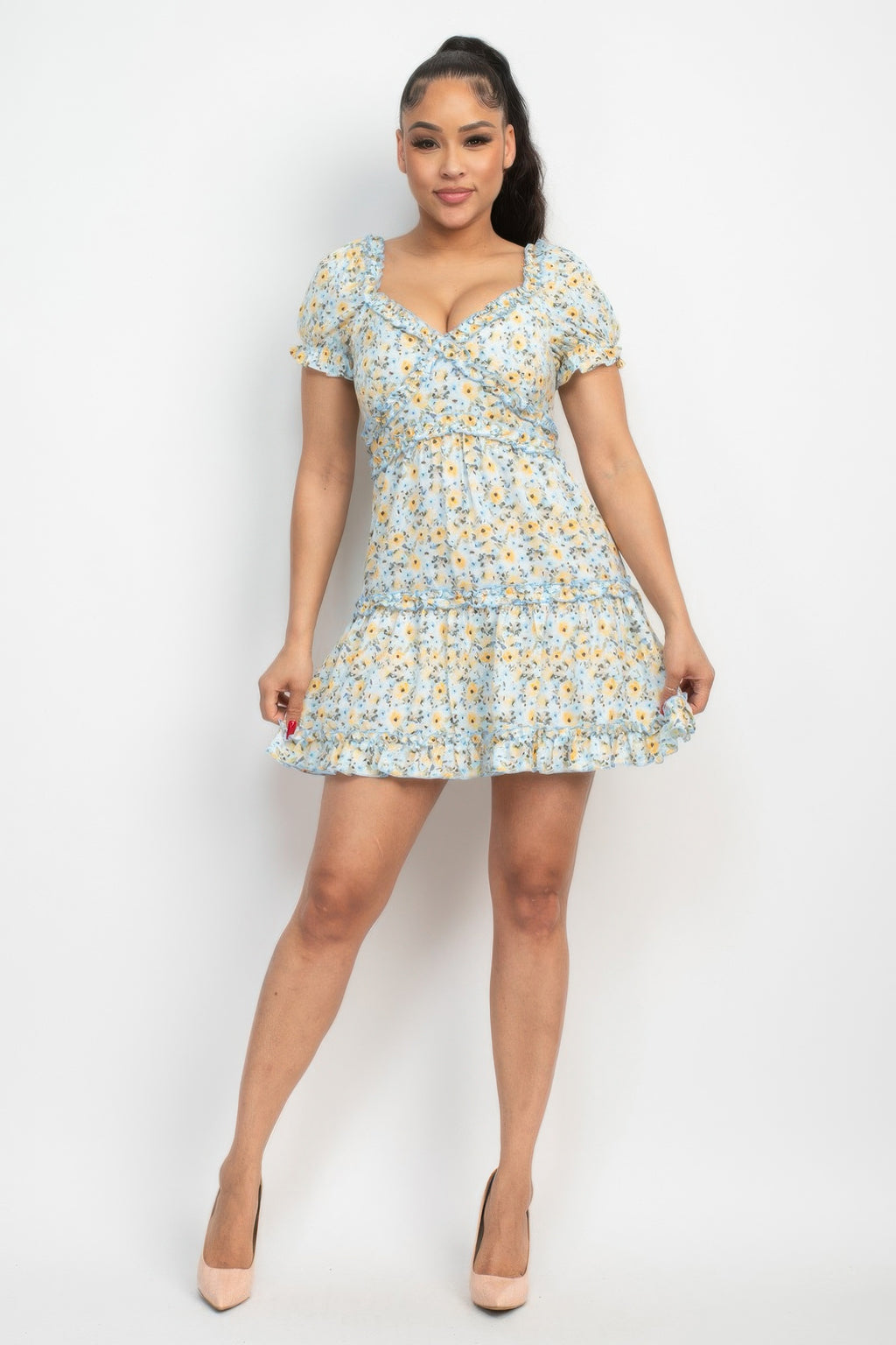 Blue floral mini dress with puff sleeves and ruffled layered hem