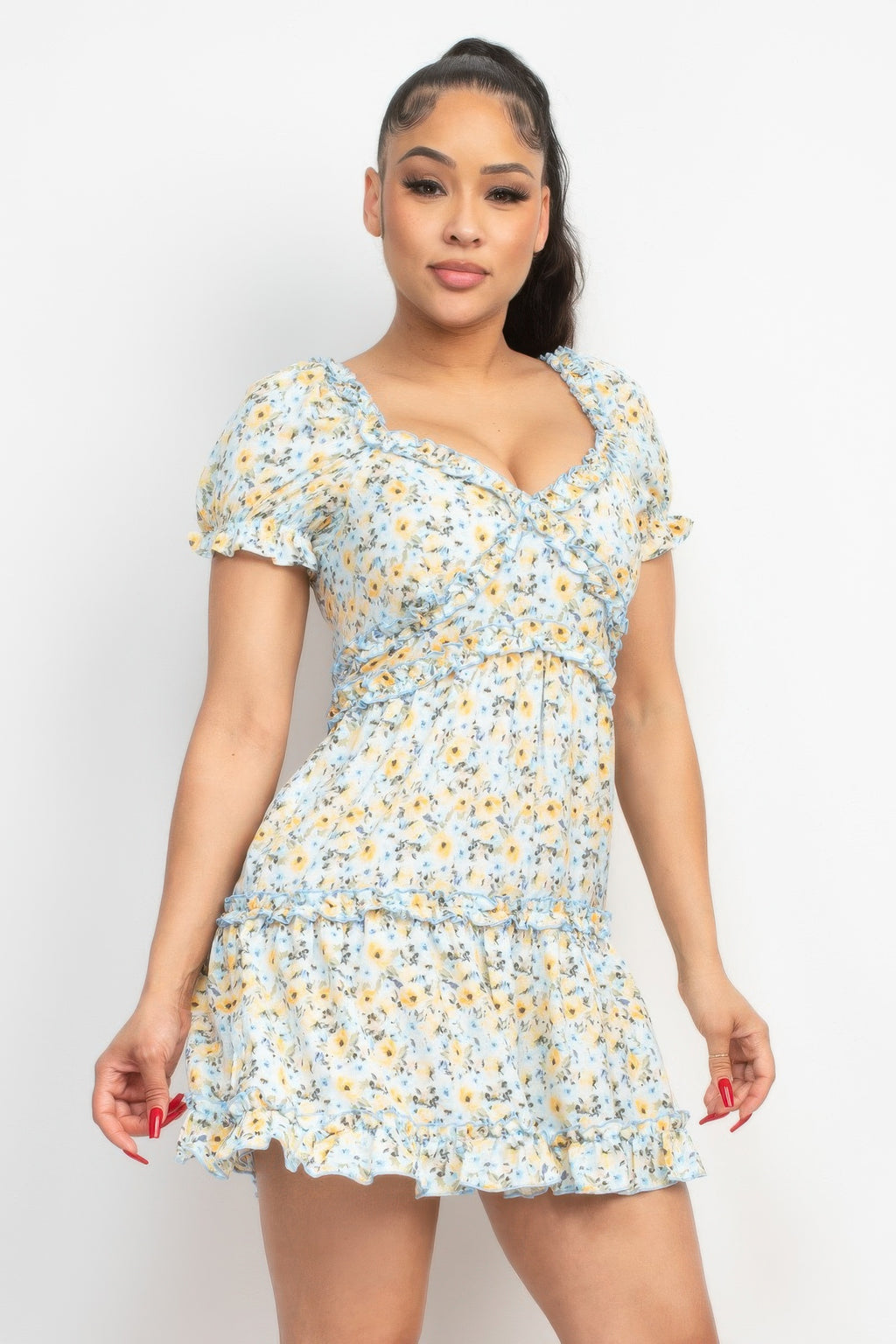 Blue floral ruched mini dress with gathered waist and puff sleeves