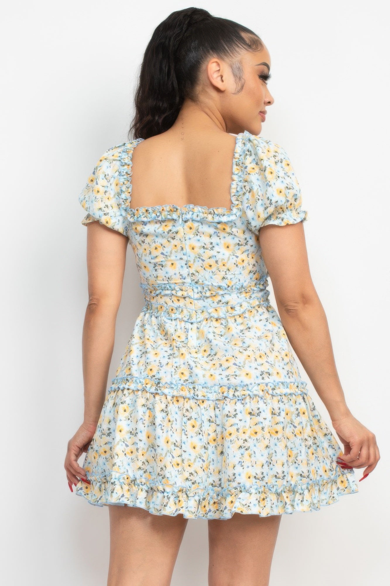 Ruffled Floral Puff Sleeve Dress - Tigbul's Variety Fashion Shop