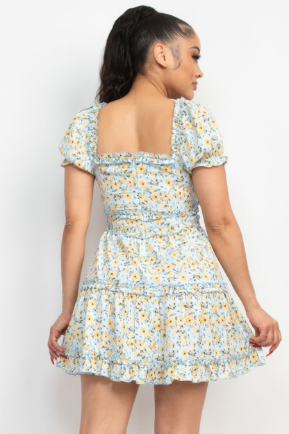 Ruffled Floral Puff Sleeve Dress - Tigbul's Variety Fashion Shop