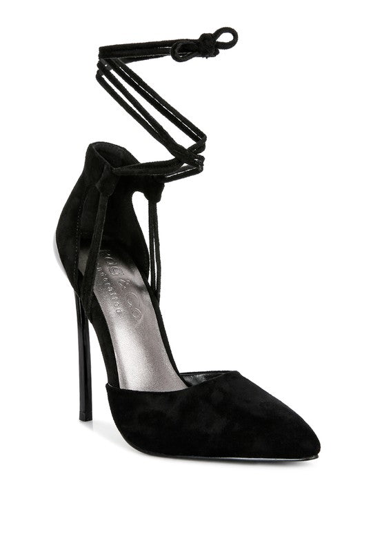 RULE BREAKER black lace-up stiletto sandal with pointed toe and thin heel