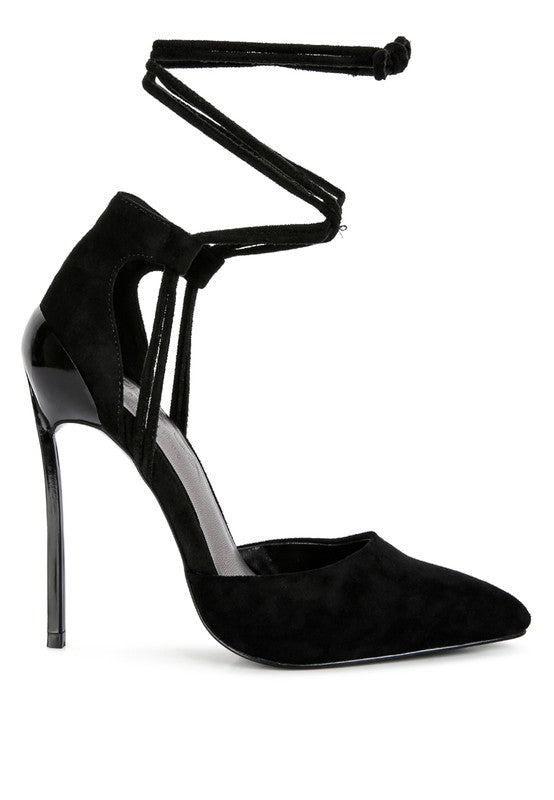RULE BREAKER black ankle lace-up stiletto sandal, open side straps, pointed toe