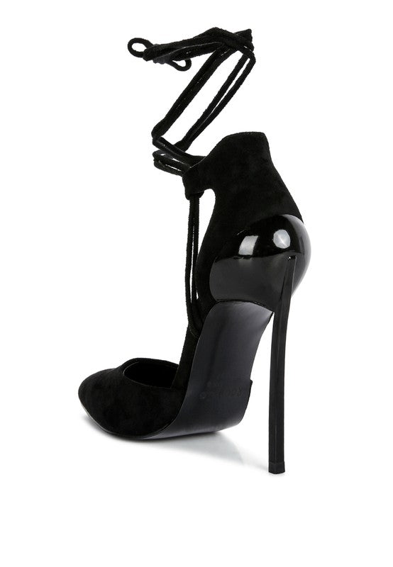 RULE BREAKER black suede stiletto sandal with ankle lace-up and glossy heel