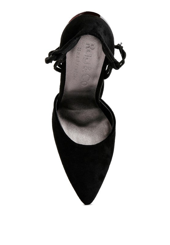RULE BREAKER black pointed-toe stiletto sandal with ankle lace-up detail