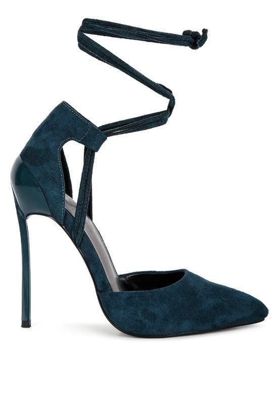 RULE BREAKER DK Blue ankle lace-up stiletto sandal with open toe and high heel
