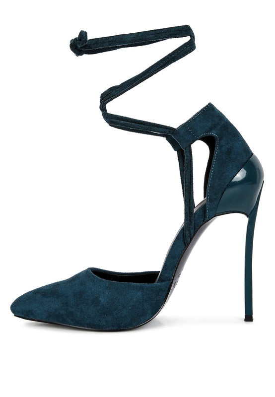 RULE BREAKER DK Blue open-toe stiletto sandal with lace-up ankle straps