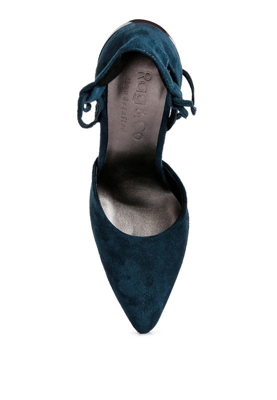 RULE BREAKER DK Blue pointed-toe stiletto sandal with lace-up ankle closure