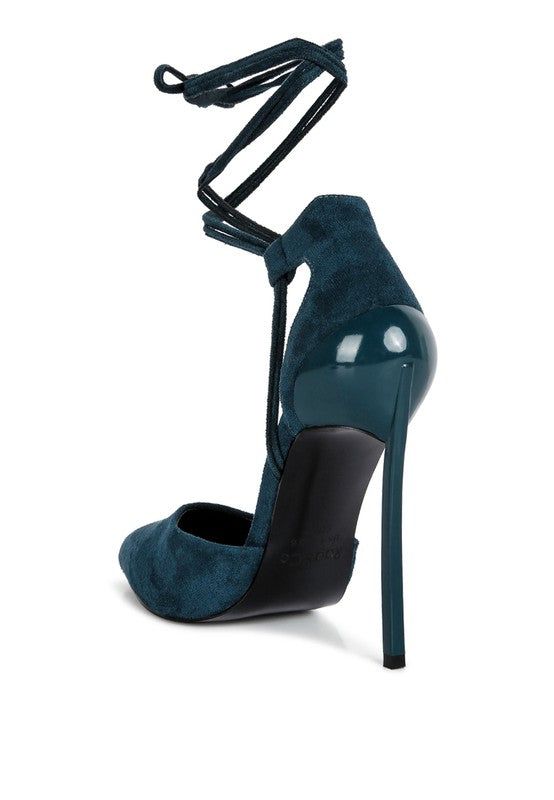 DK Blue lace-up stiletto sandals with pointed toe and glossy heel cap