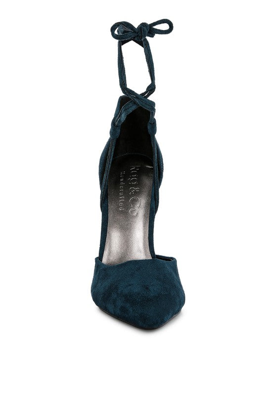 DK Blue lace-up stiletto sandal, ankle straps and open toe view