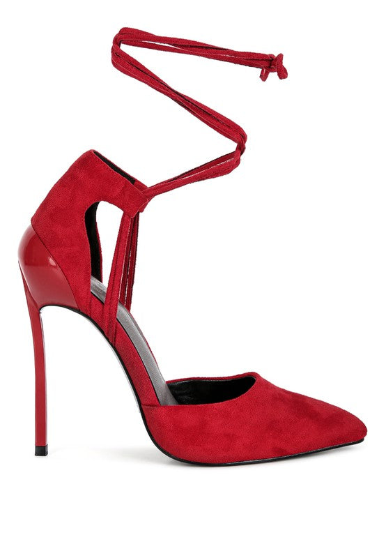 Red suede stiletto sandal with lace-up ankle ties and curved heel