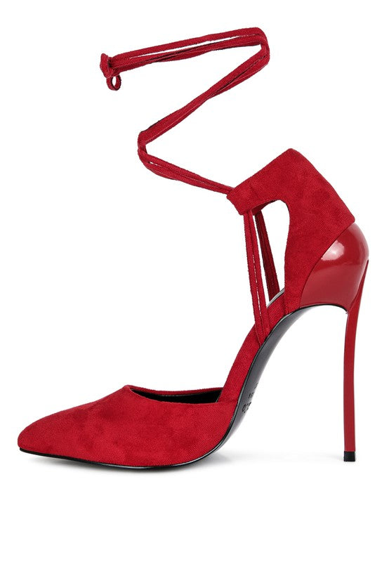 Red lace-up stiletto heel sandal with open side straps