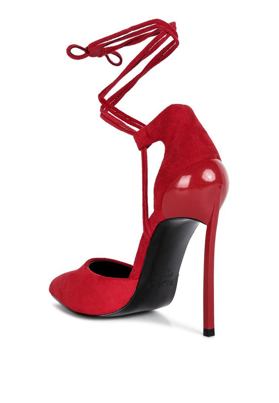Red lace-up stiletto sandal with glossy heel and thin ankle cords