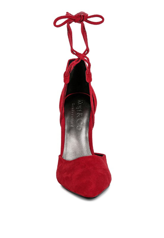 Red lace-up stiletto sandal back view with ankle tie loops