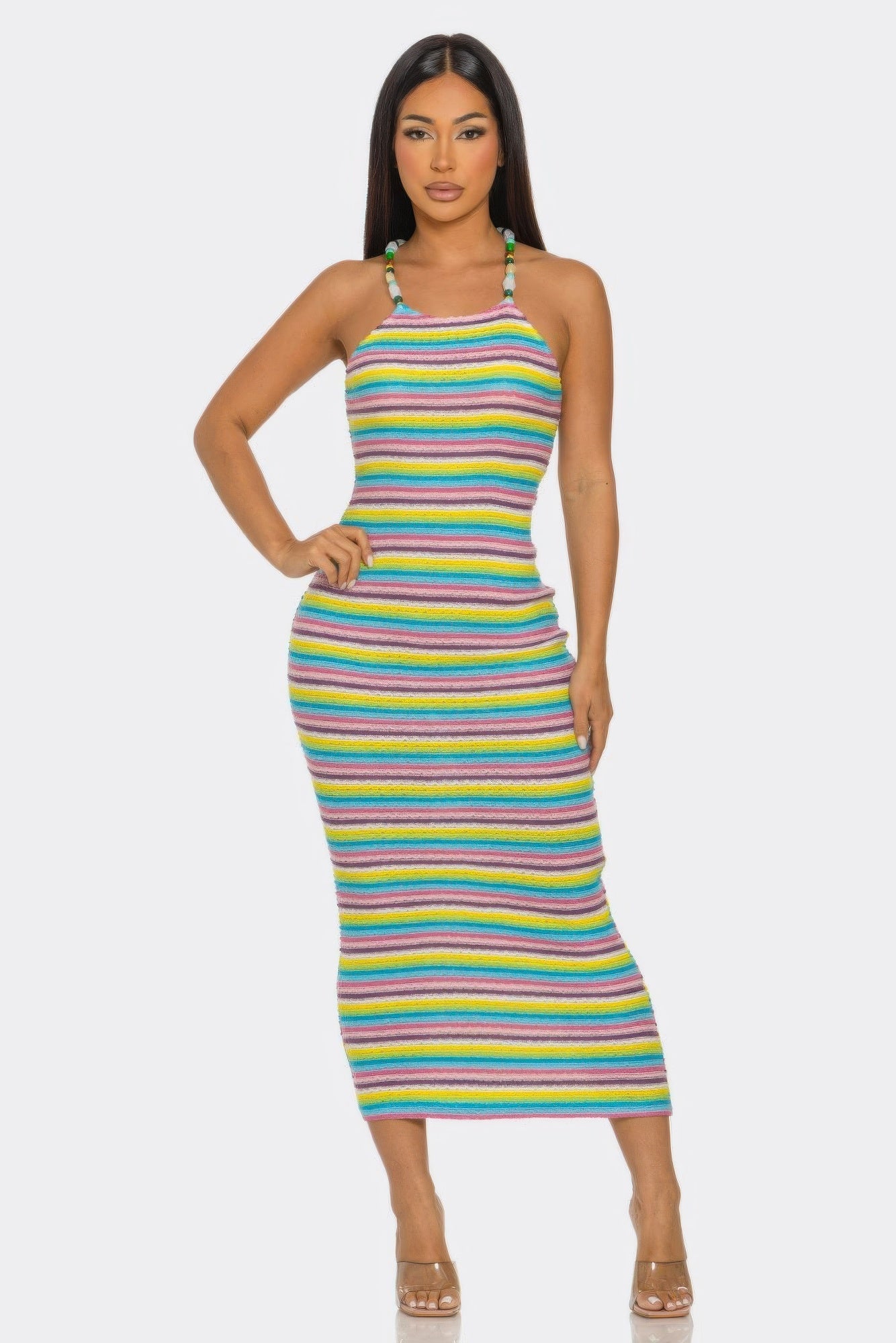Samantha midi dress with rainbow horizontal stripes and halter neckline, sleeveless