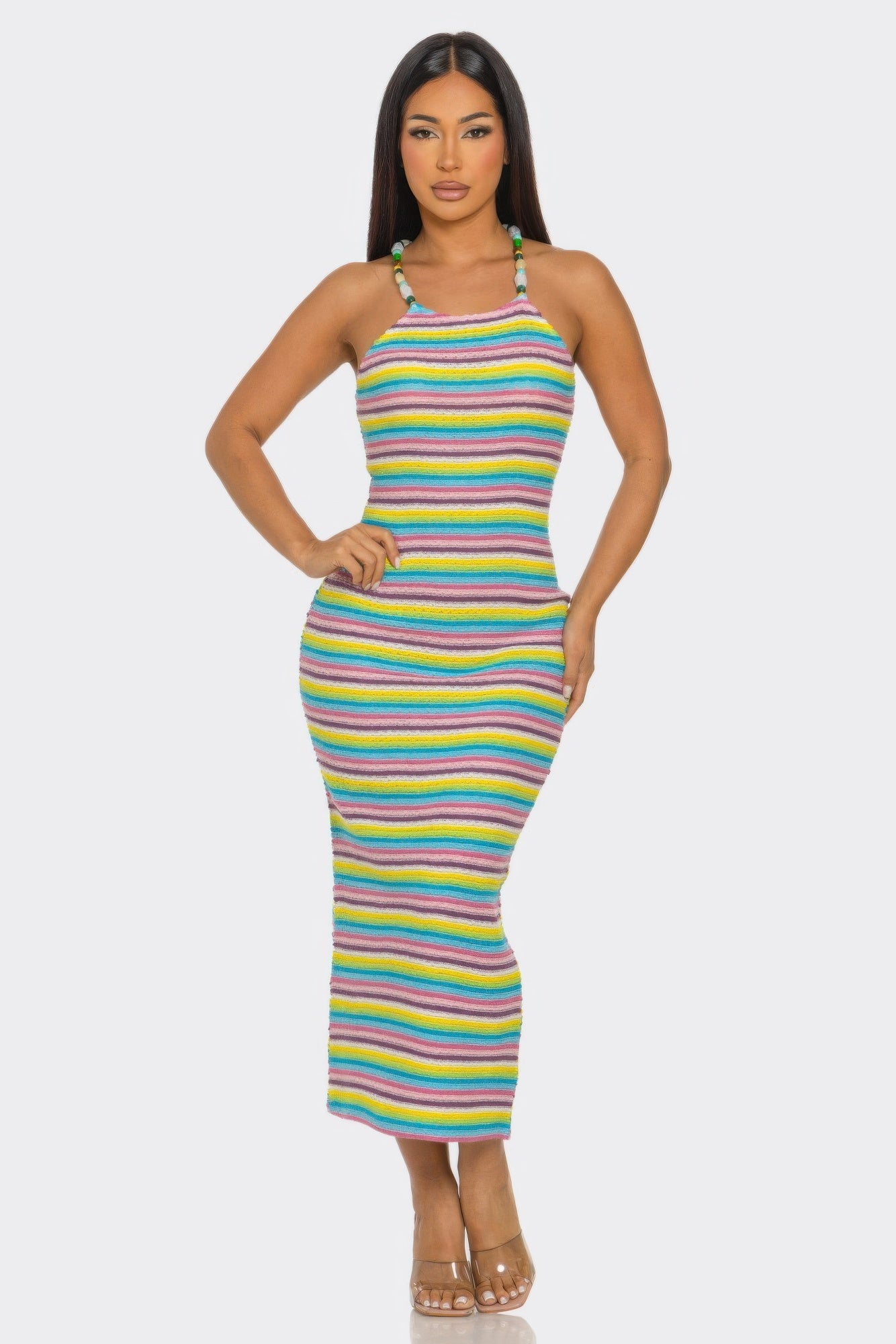 Samantha Midi Dress in multicolor striped knit with racerback-style halter straps
