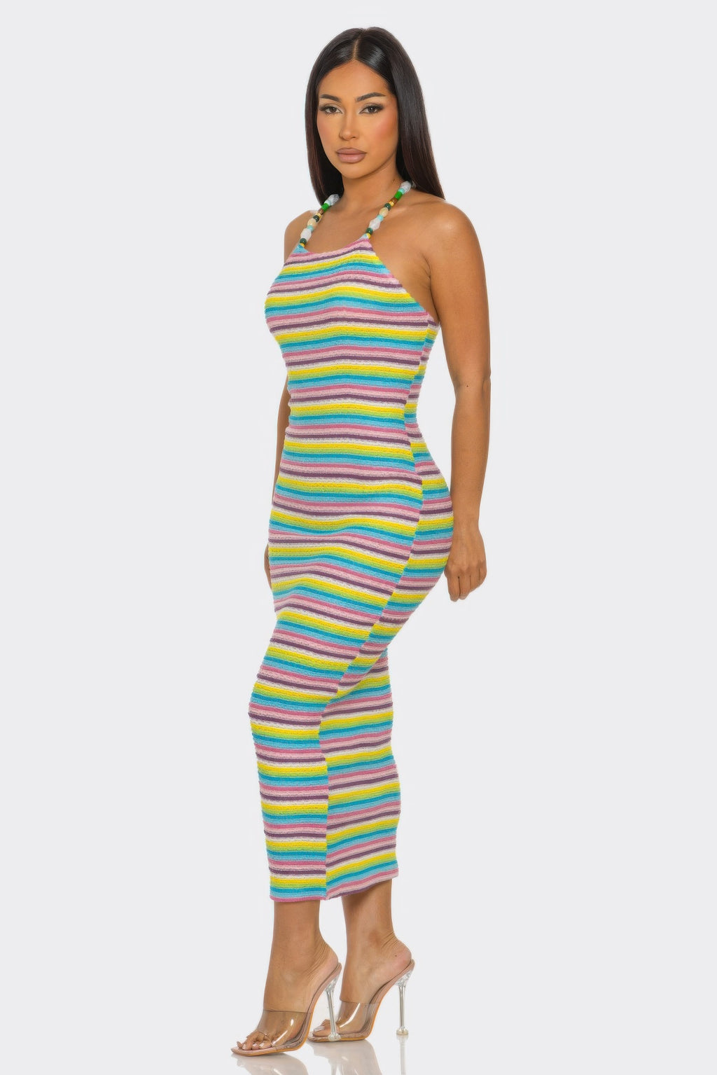 Samantha striped midi dress, form-fitting halter style with thin shoulder straps