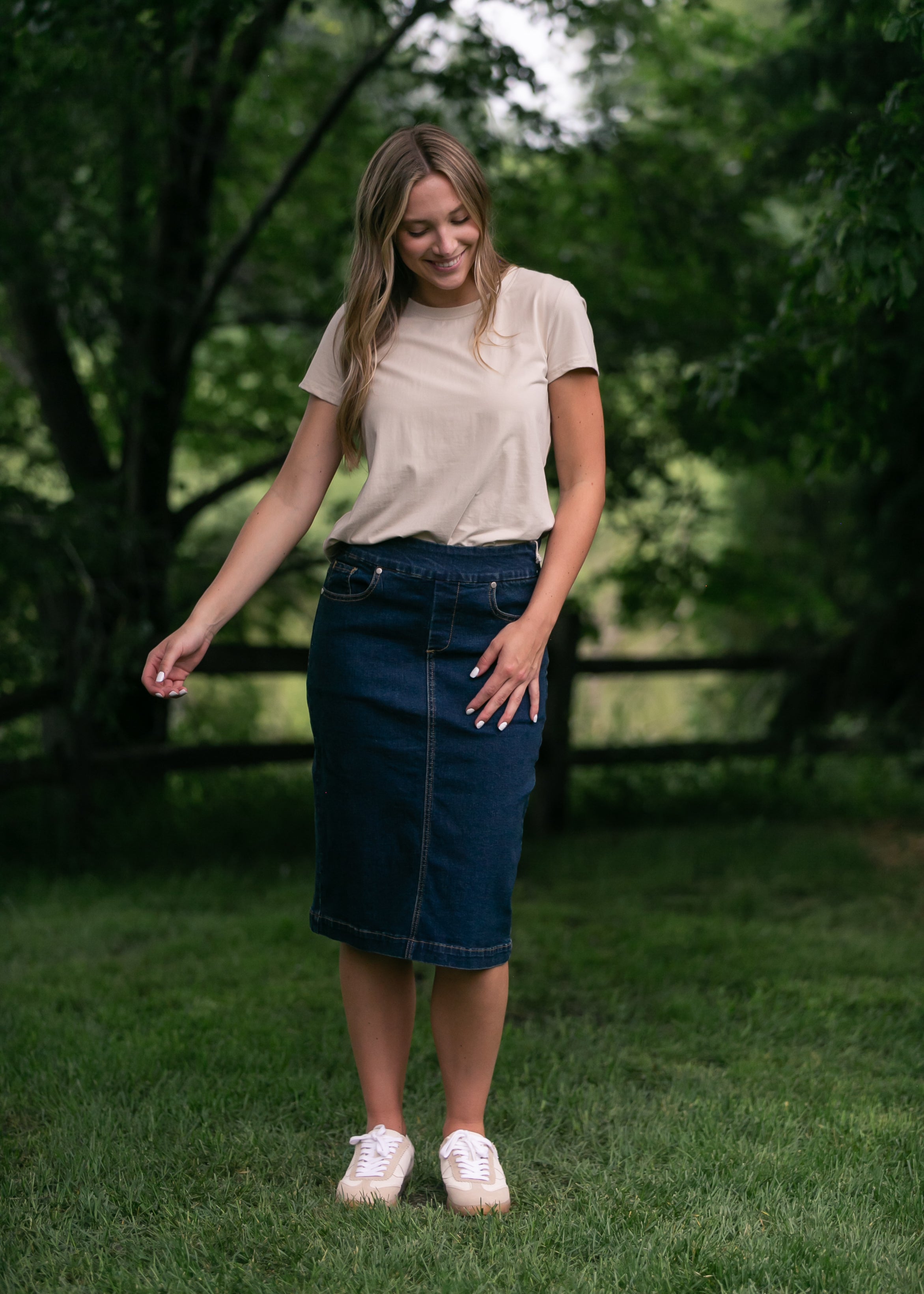 Sandra Dark Wash Denim Midi Skirt - Tigbul's Variety Fashion Shop