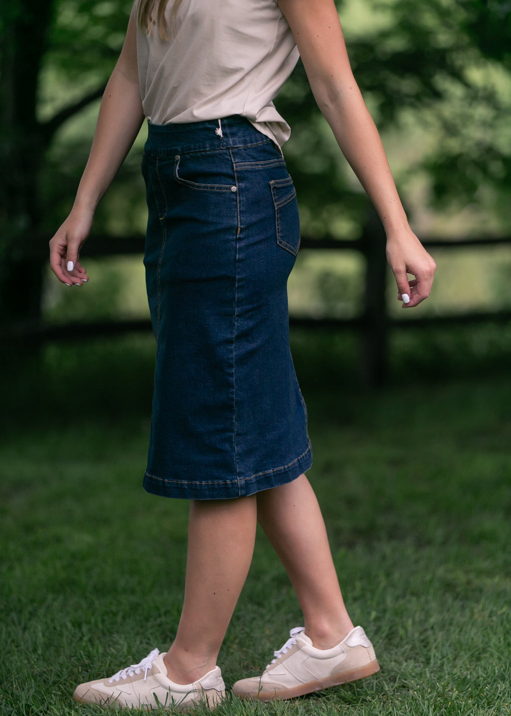 Sandra Dark Wash Denim Midi Skirt - Tigbul's Variety Fashion Shop