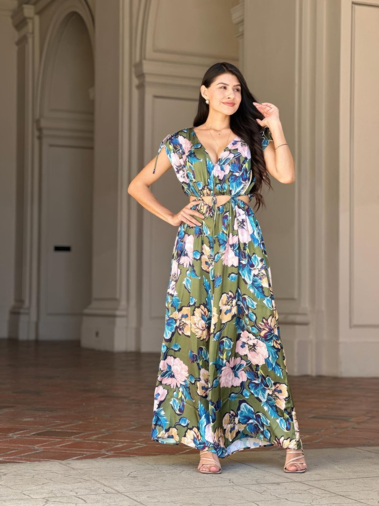 Satin floral jumpsuit with V-neck cutout, tie waist and wide straight legs