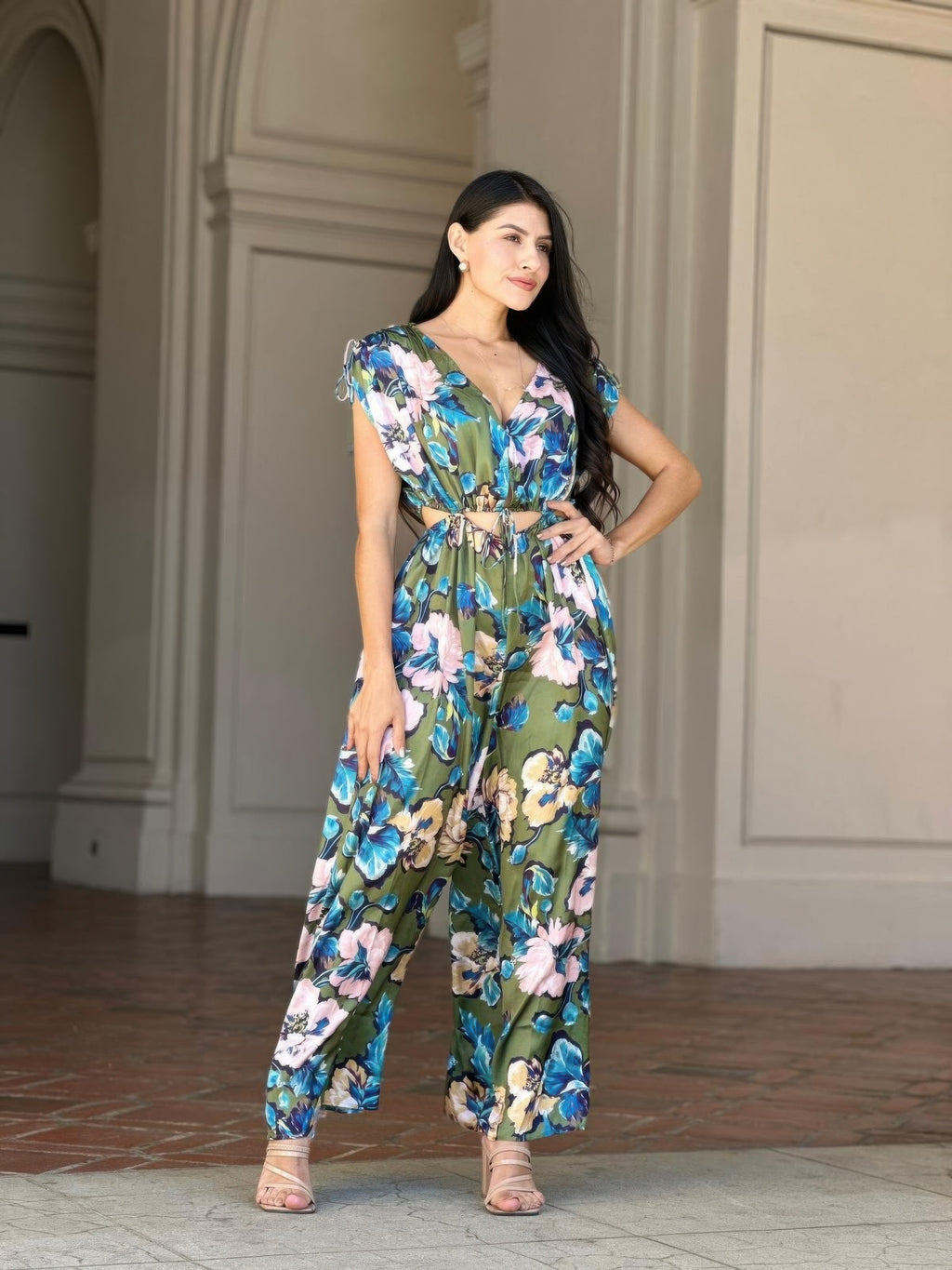 Satin floral jumpsuit, short sleeves with tied shoulder detail, wide straight legs