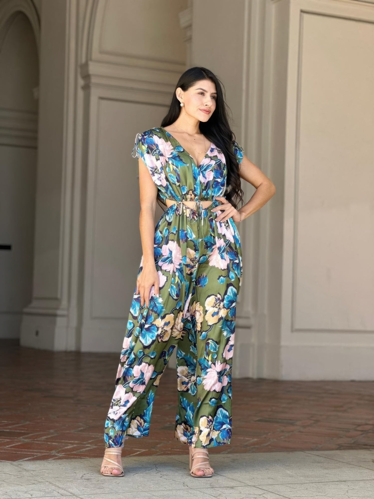 Satin floral jumpsuit, short sleeves with tied shoulder detail, wide straight legs