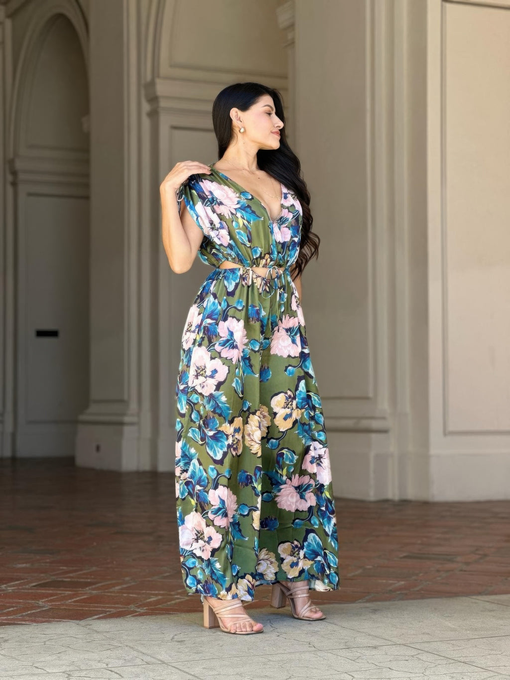 Floral satin maxi jumpsuit with V-neck and gathered waist, flowing straight legs
