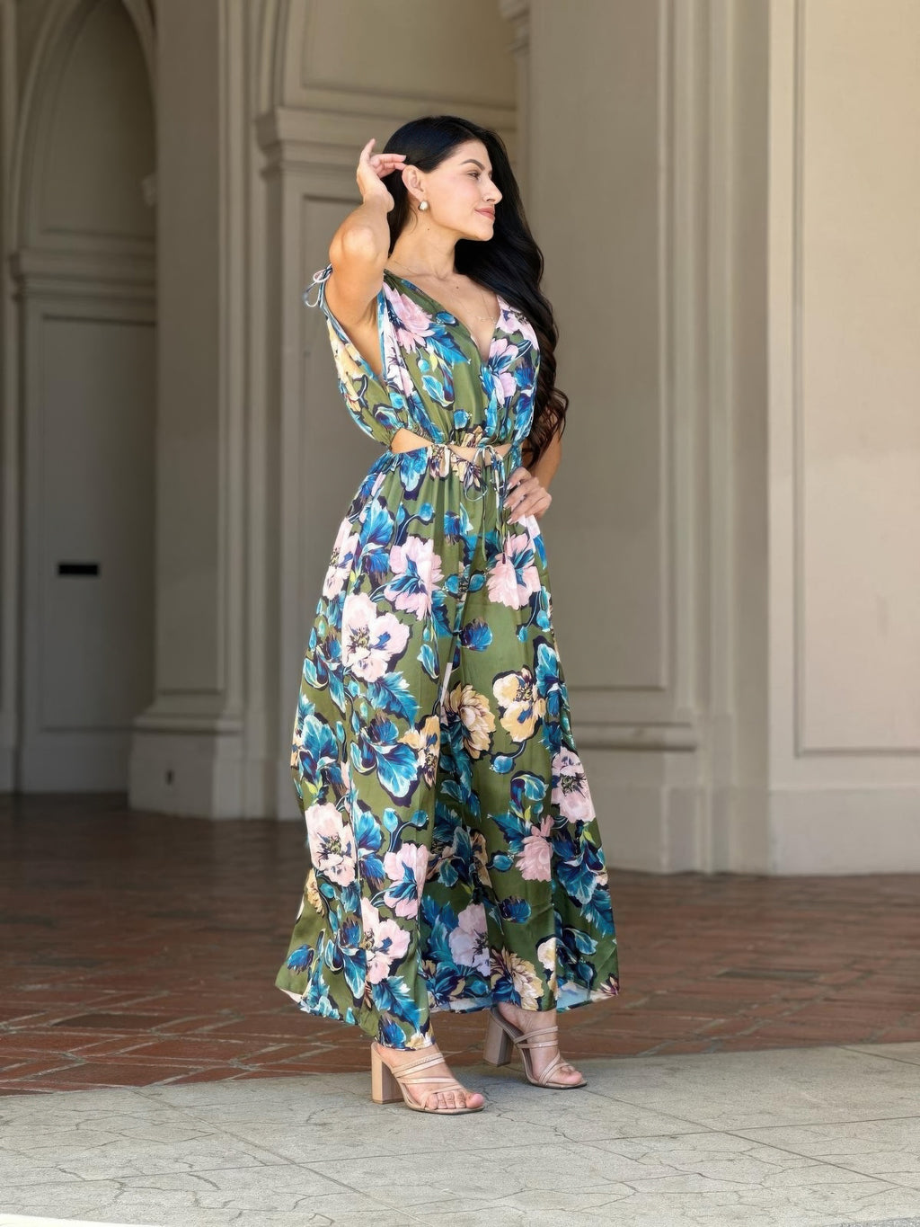 Satin floral jumpsuit with V-neck cutout and tied cap sleeves, drawstring waist