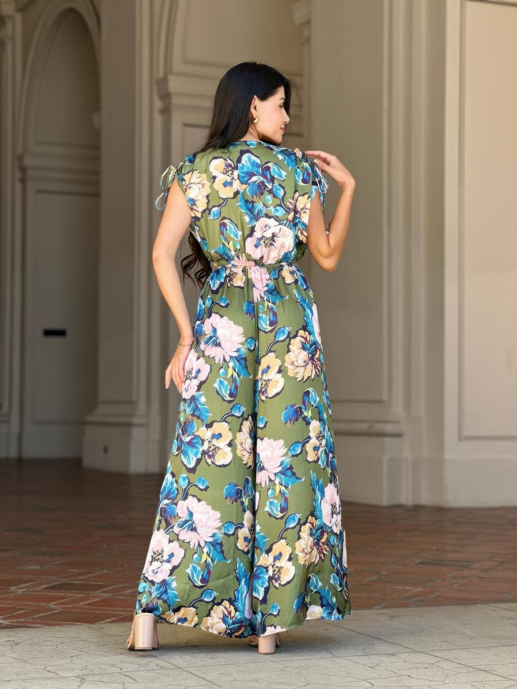 Satin floral back with open back and shoulder ties, cinched waist, wide straight legs
