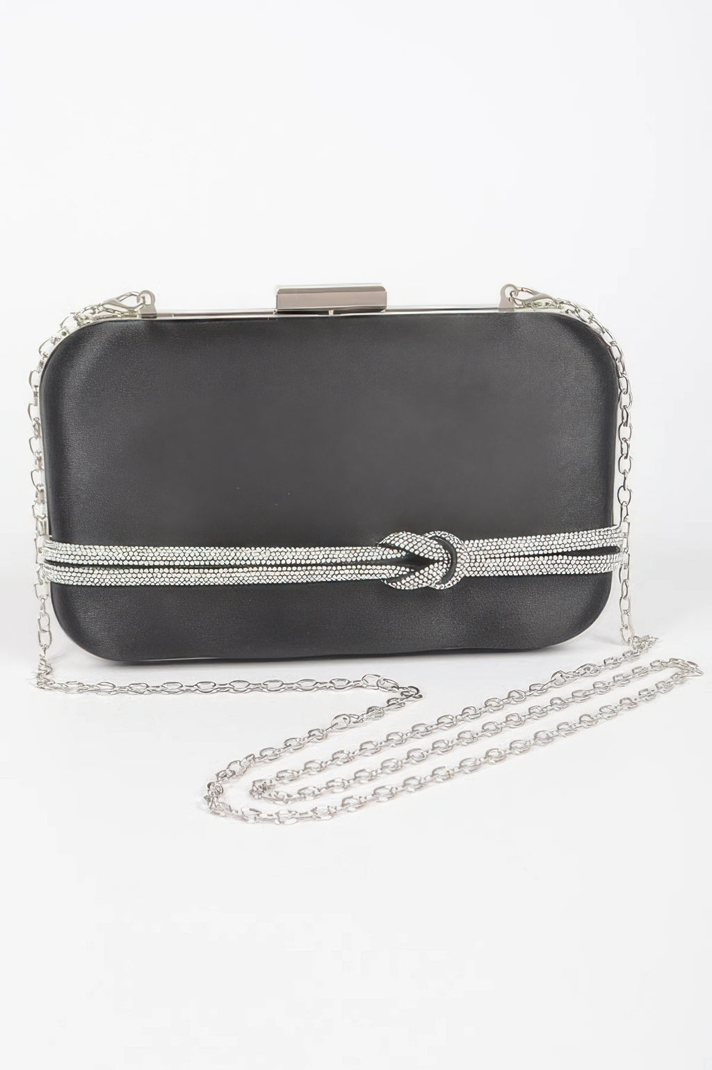 Black satin frame party clutch with silver chain strap and rhinestone knotted clasp