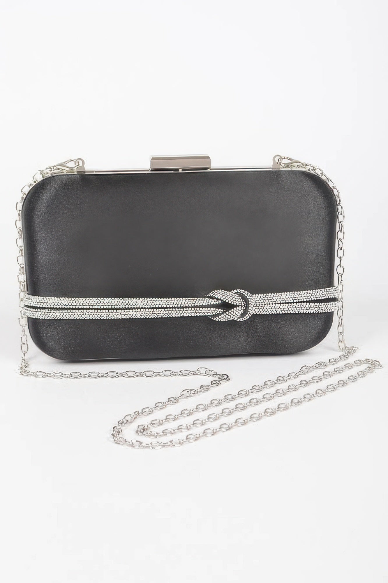 Black satin frame party clutch with silver chain strap and rhinestone knotted clasp