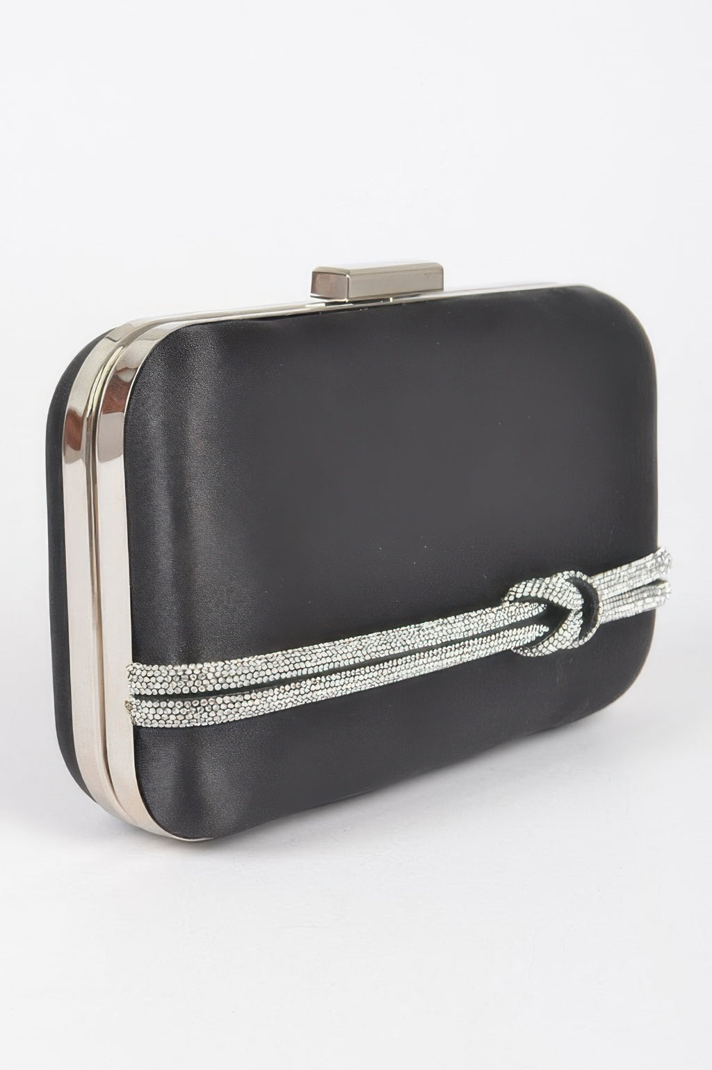 Black satin frame clutch with metal top clasp, rhinestone strap detail, silver chain
