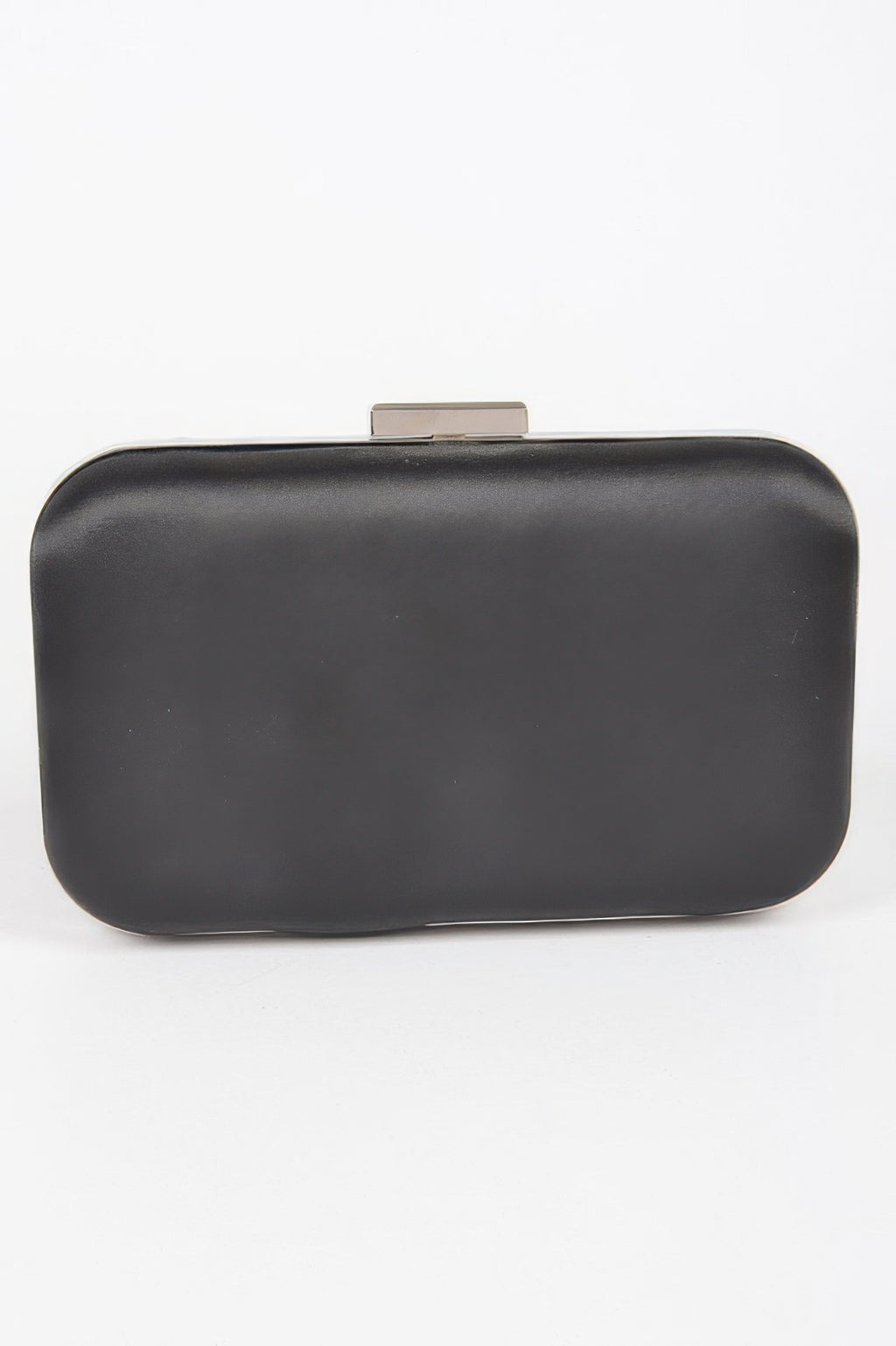 Black satin frame party clutch with smooth front and metal clasp on top