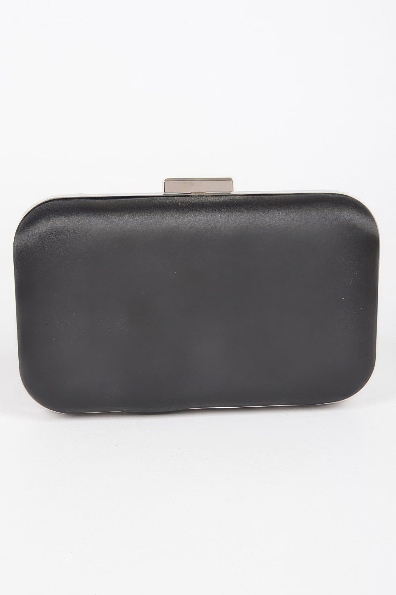 Black satin frame party clutch with smooth front and metal clasp on top