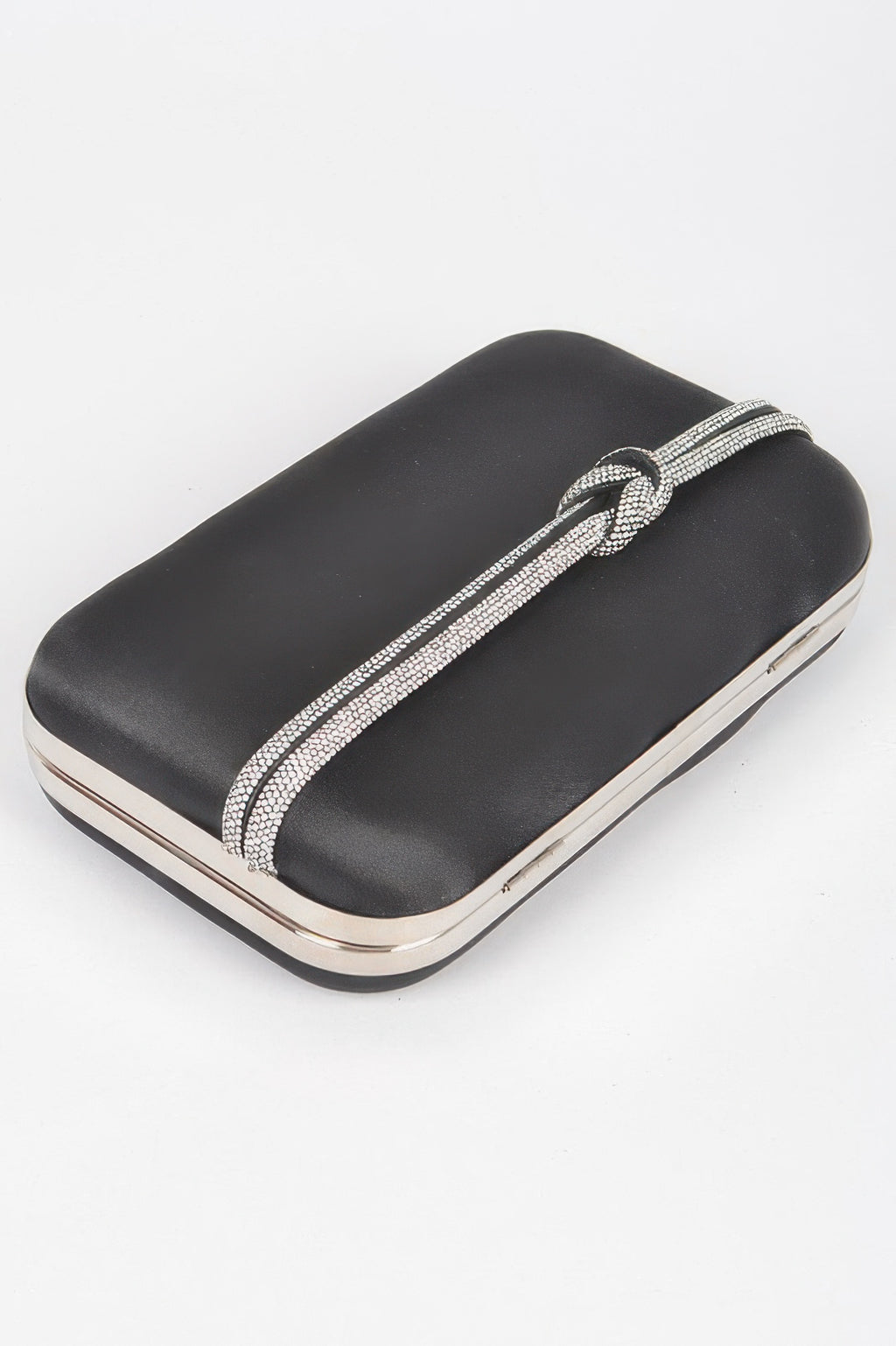 Black satin frame clutch with rhinestone strap detail and curved metal frame edges