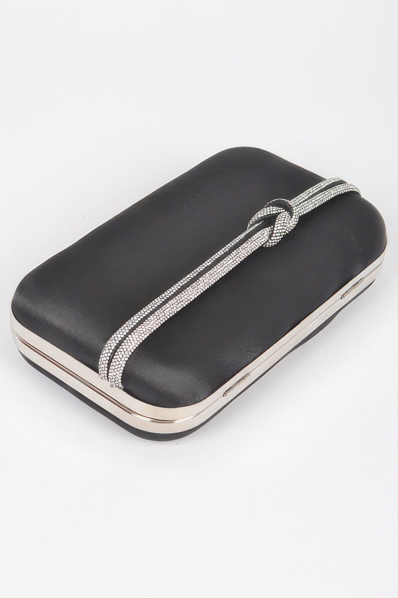 Black satin frame clutch with rhinestone strap detail and curved metal frame edges