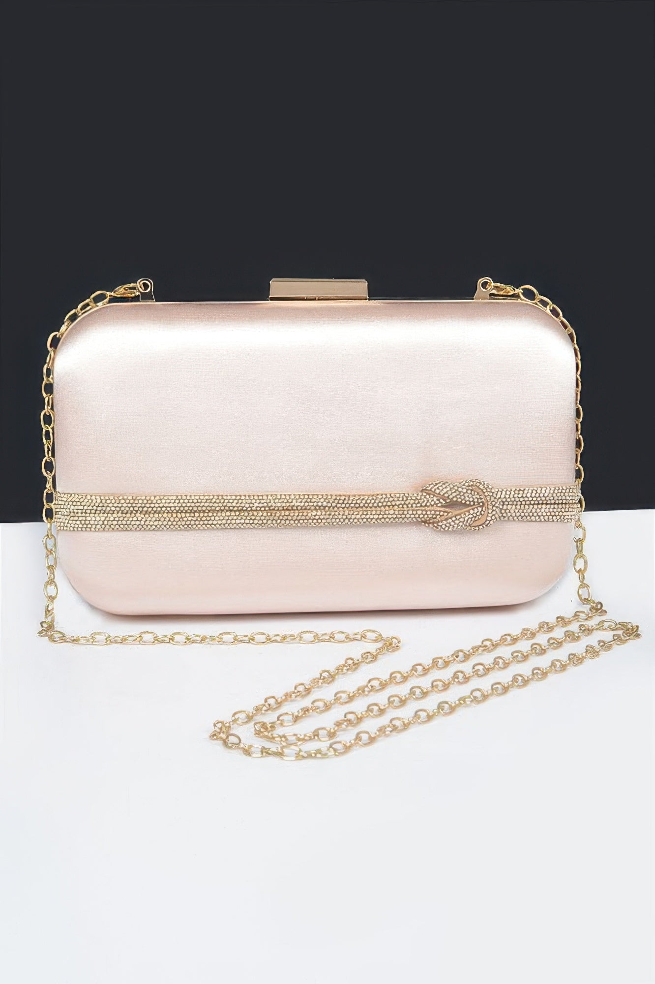 Gold satin frame clutch with top metal clasp, rhinestone knotted belt, gold chain