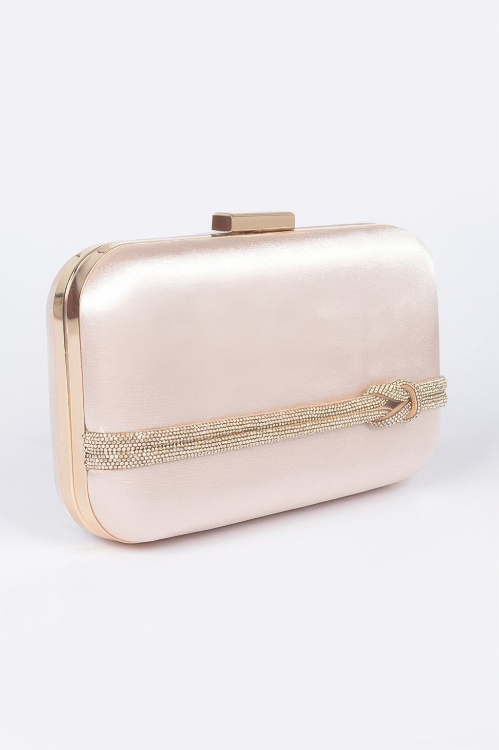 Light gold satin frame party clutch with metal clasp and rhinestone strap detail