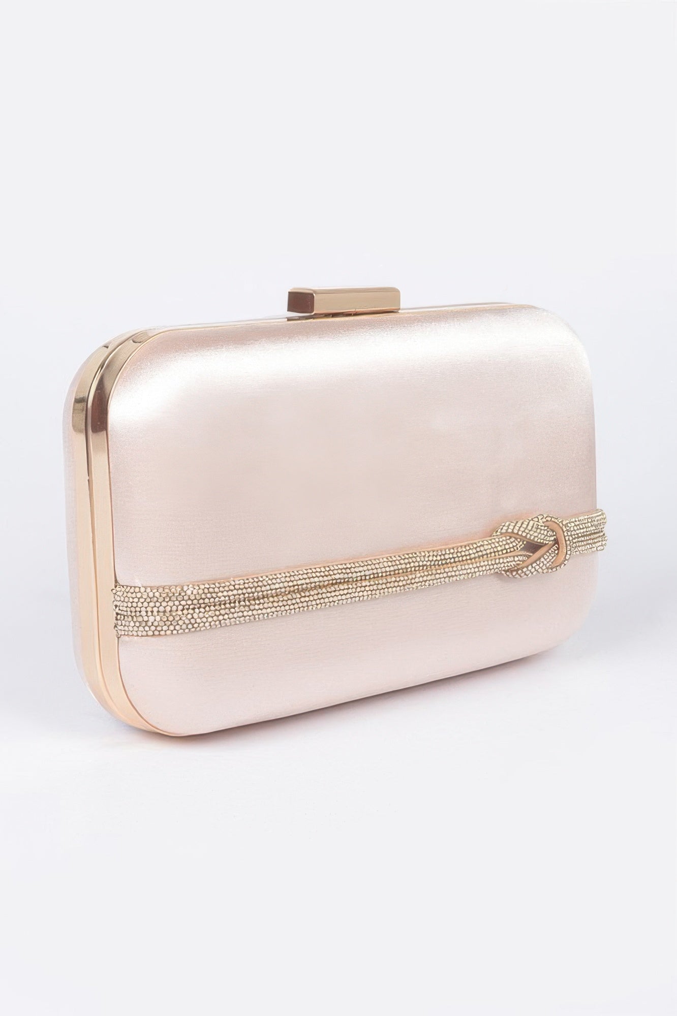 Light gold satin frame party clutch with metal clasp and rhinestone strap detail