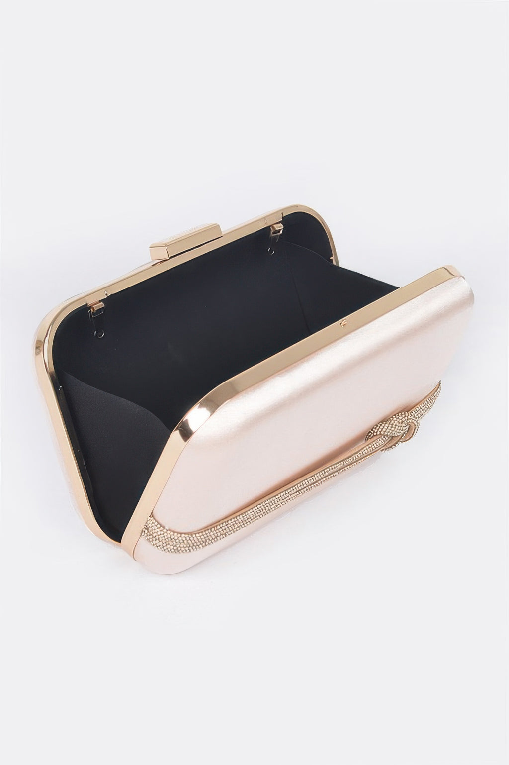 Light gold satin frame party clutch open view with rhinestone chain handle and metal frame