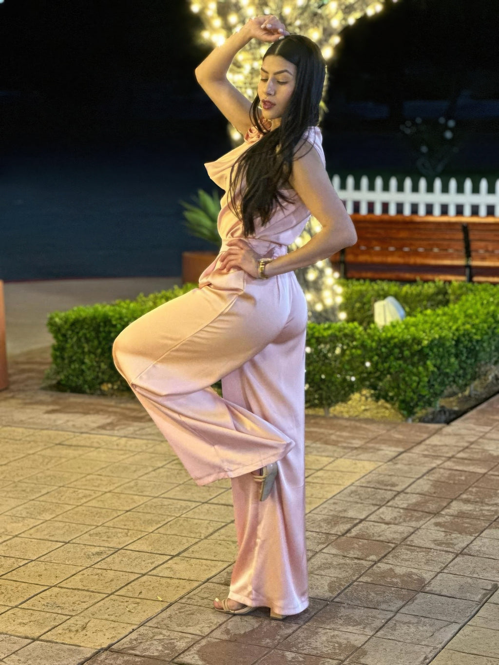 Light pink satin sleeveless top and flowing wide-leg pants, relaxed drape
