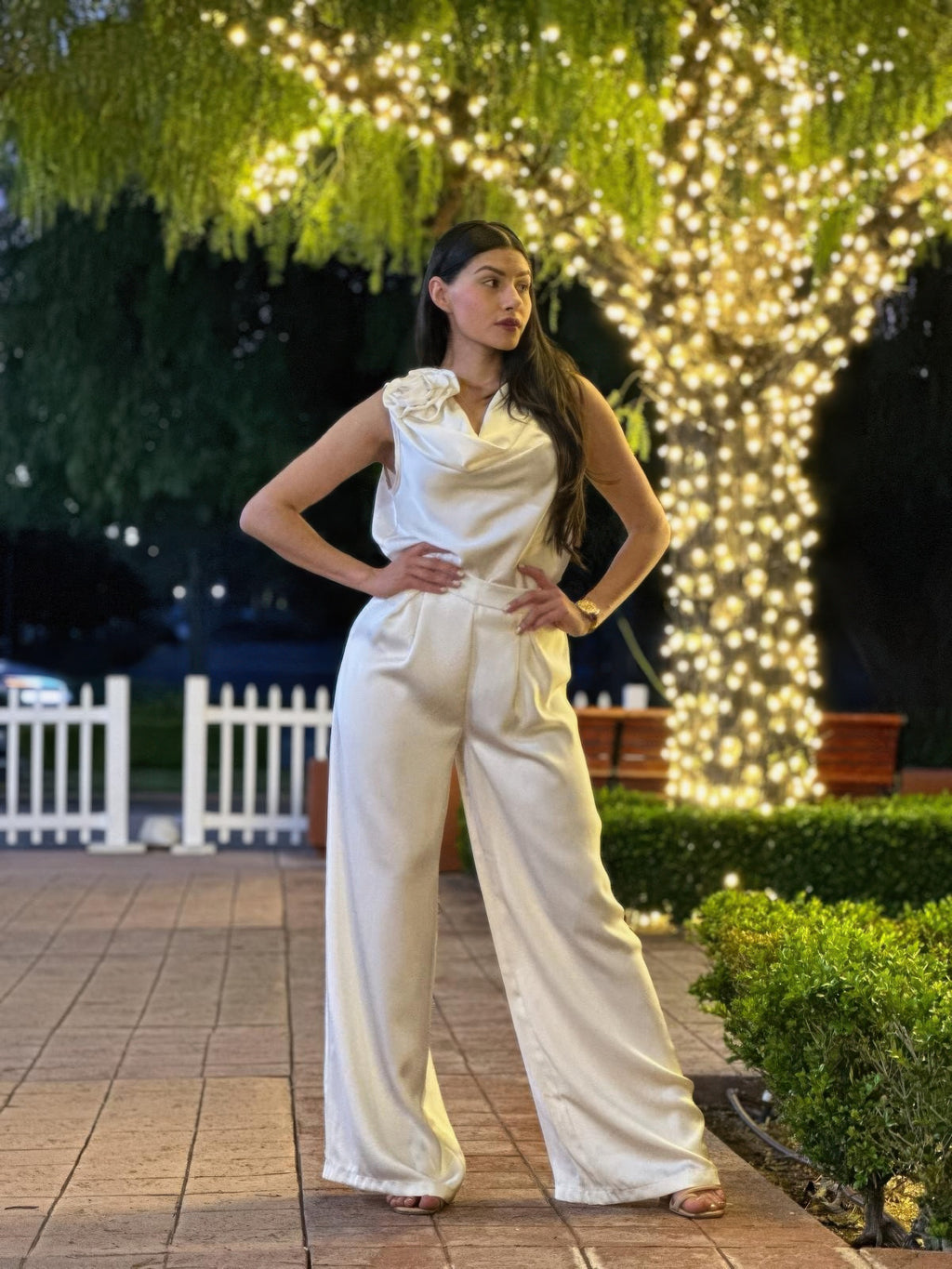 Satin wide-leg pants & sleeveless top set with floral ruffle detail, light cream