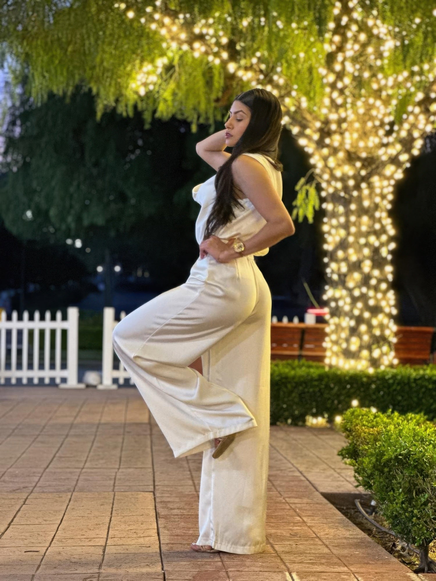 Satin wide-leg pants set in light cream, sleeveless top with gathered waist