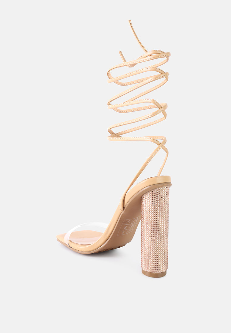 Scansta Lace Up Rhinestone Embellished Heel Sandals - Tigbul's Variety Fashion Shop